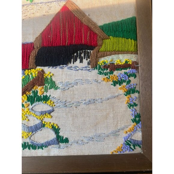 Vintage Framed Crewel Covered Bridge Scene Wall Art 15"x15" Rustic Decor Handmad - Picture 7 of 8